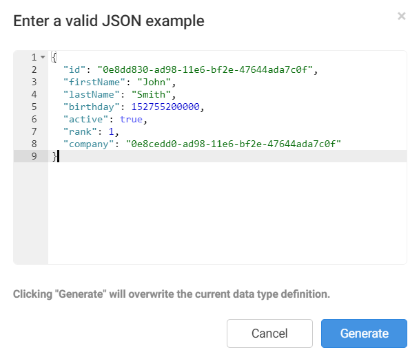 Capture d'écran de l'utilisation d'un exemple JSON pour générer un type de données Contact.