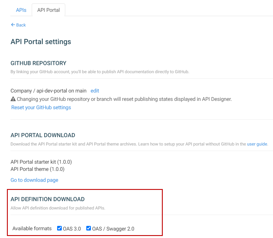 Boîte de dialogue API Portal settings (Paramètres d'API Portal).