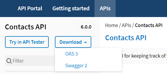 L'API Contacts comprend à présent un bouton Download (Télécharger).