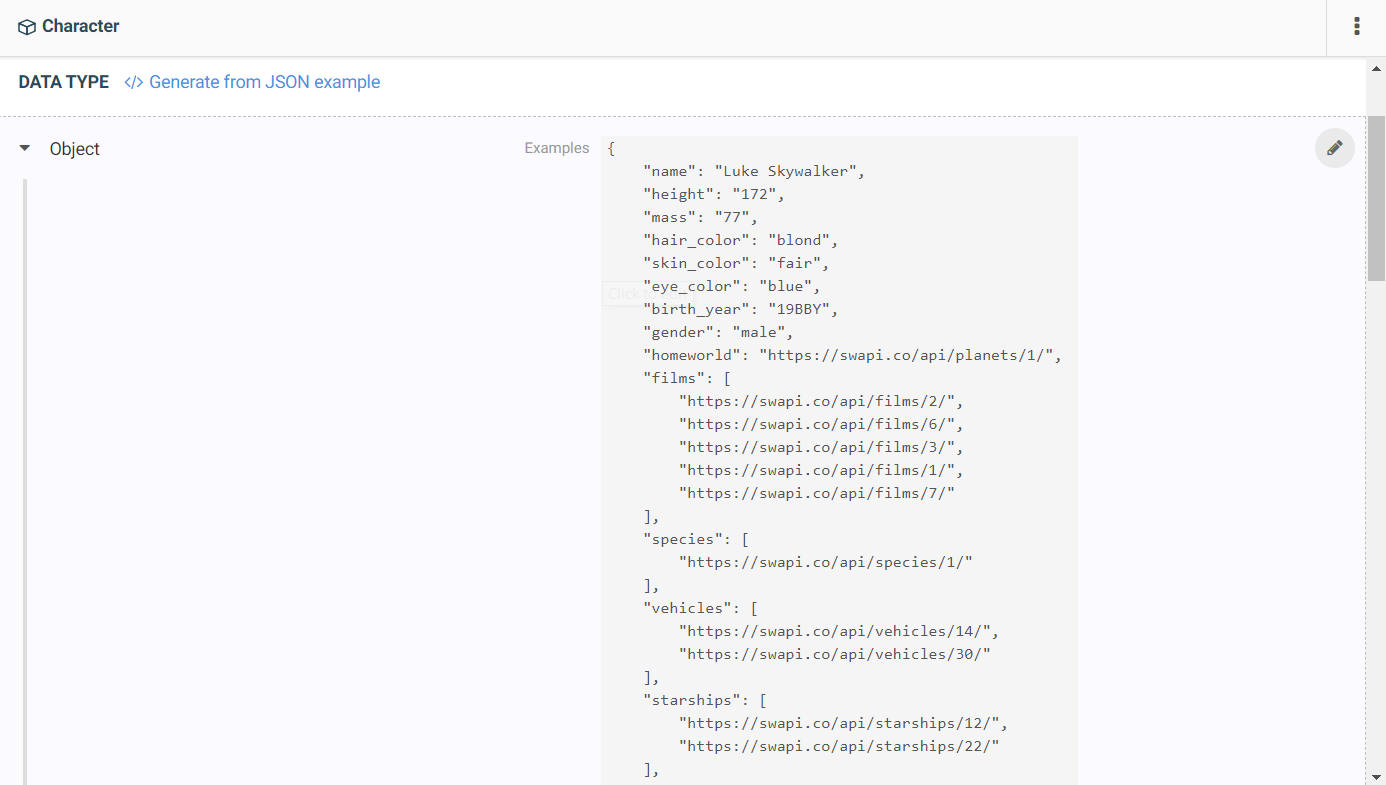 Capture d'écran du type de données Character généré depuis un exemple JSON.