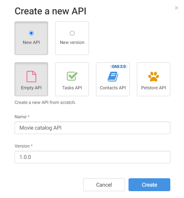 Boîte de dialogue Create a new API (Créer une API).