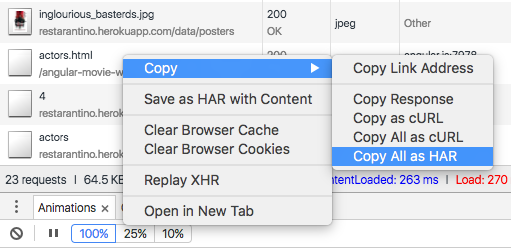 Menu ouvert avec l'option Copy All as HAR (Tout copier en tant que HAR) sélectionnée.