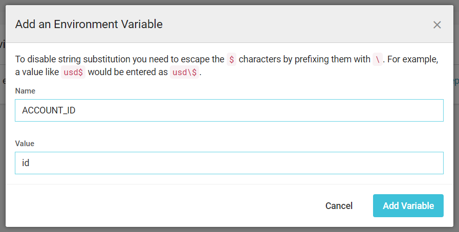 Fenêtre "Add an Environment Variable (Ajouter une variable d'environnement)" avec le nom (Name) et la valeur (Value) configurés.