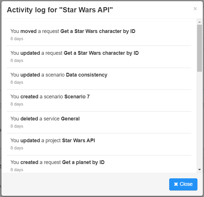 Logs d'activité pour l'API Star Wars.