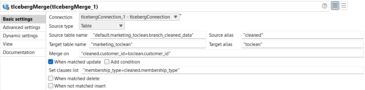 Vue Basic settings du tIcebergMerge.