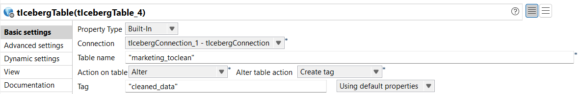 Vue Basic settings du tIcebergTable.