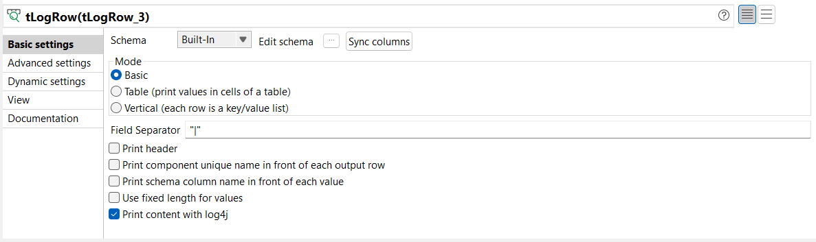 Vue Basic settings du tLogRow.