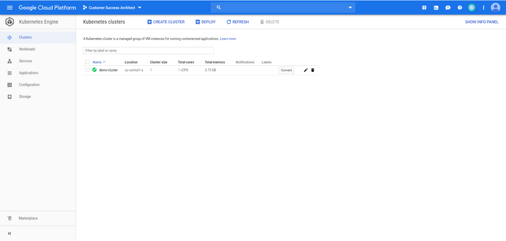 Capture d'écran du nouveau cluster dans Google Cloud Platform.