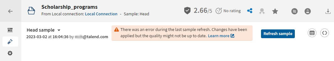 Message d'erreur concernant la dernière actualisation de l'échantillon depuis la vue Sample (Échantillon).