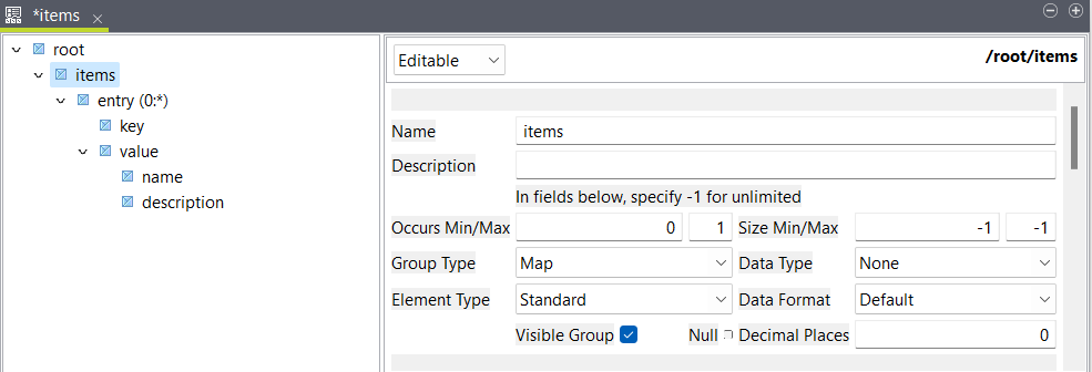 Une structure Data Mapper contenant un élément racine, un élément items dont le type de groupe est map dans l'élément racine, une boucle d'entrée sur l'élément items, un élément key et un élément value dans la boucle d'entrée, un élément name, ainsi qu'un élément de description dans l'élément value.
