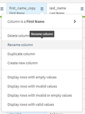 Le menu de la colonne fisrt_name_copy est ouvert, avec l'option Rename column (Renommer la colonne) sélectionnée.