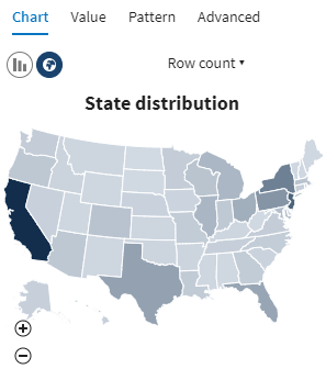 Carte interactive des États-Unis dans le panneau Data profiling (Profiling de données).