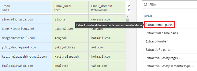 Fonction Extract email parts (Extraire des parties d'adresses e-mail) sélectionnée.