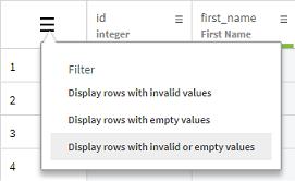 Icône de Menu avec l'option Display rows with invalid or empty values (Afficher les lignes ayant des valeurs invalides ou vides) sélectionnée.