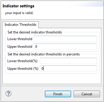 Définition des paramètres des seuils dans l'assistant Indicator settings (Paramètres des indicateurs).
