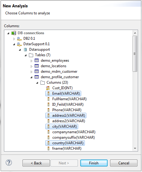 Nœud DB connections (Connexions aux bases de données) développé pour sélectionner les colonnes à analyser.