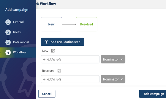 Vue d'ensemble de l'étape de Workflow pour créer une campagne d'arbitrage.