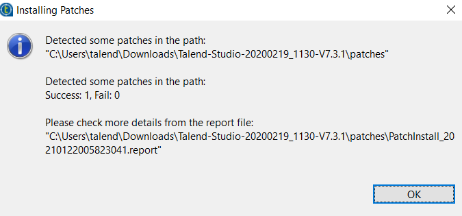 Boîte de dialogue Installer des patchs après une installation réussie d'un patch.