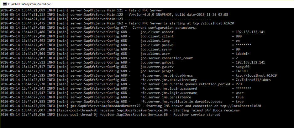 Logs listant les paramètres de configuration qui s'affichent lors du démarrage de Talend SAP RFC Server.