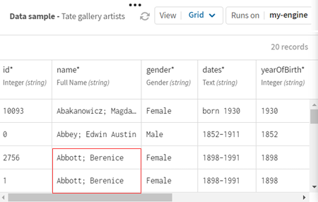 Aperçu d'un échantillon de données avec des enregistrements relatifs aux artistes des galeries Tate.