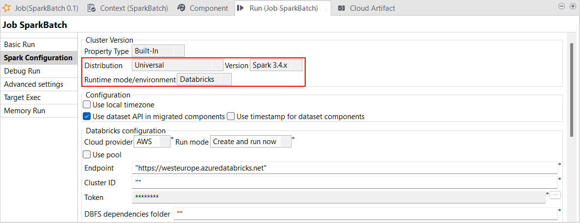 Vue Spark Configuration (Configuration Spark) d'un Job Spark Batch ouvert et sélectionné en mode Databricks en version Spark 3.4.x.