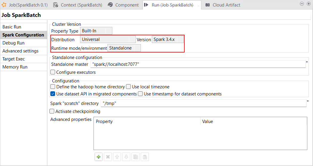 Vue Spark Configuration (Configuration Spark) d'un Job Spark Batch ouvert et sélectionné en mode Standalone en version Spark 3.4.x.
