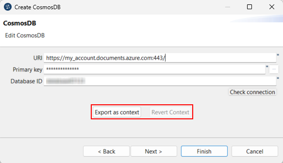 Assistant de métadonnées CosmosDB ouvert, avec l'option Export as context (Exporter en tant que contexte) sélectionnée.