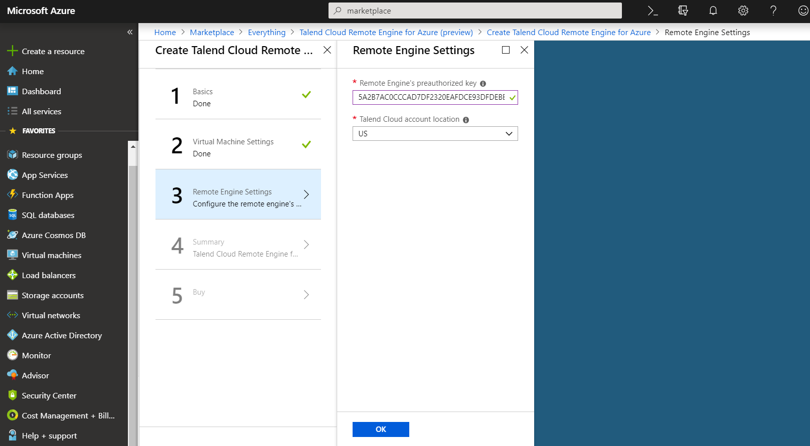 Capture d'écran de l'emplacement du compte Talend Cloud sur la plateforme Microsoft Azure.