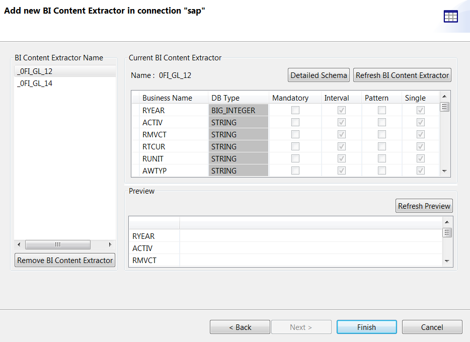 Boîte de dialogue Add new BI Content Extractor in connection (Ajouter un BI Content Extractor dans la connexion).