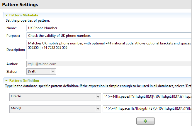 Vue d'ensemble des sections Pattern Metadata (Métadonnées du modèle) et Pattern Definition (Définition du modèle).