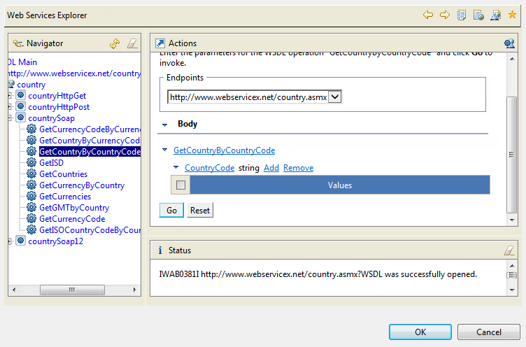 Boîte de dialogue Web Services Explorer ouverte sur ses actions.