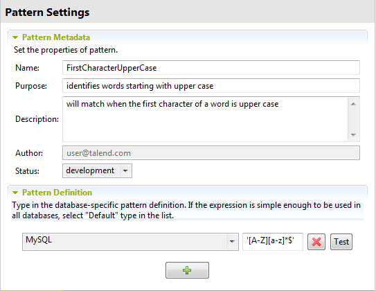 Configuration dans la section Pattern Definition (Définition du modèle).