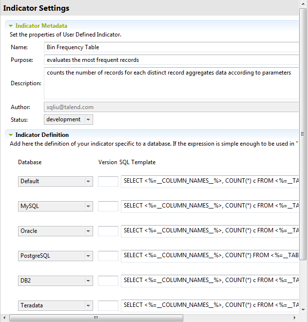 Vue d'ensemble des sections Indicator Metadata (Métadonnées de l'indicateur) et Indicator Definition (Définition de l'indicateur).