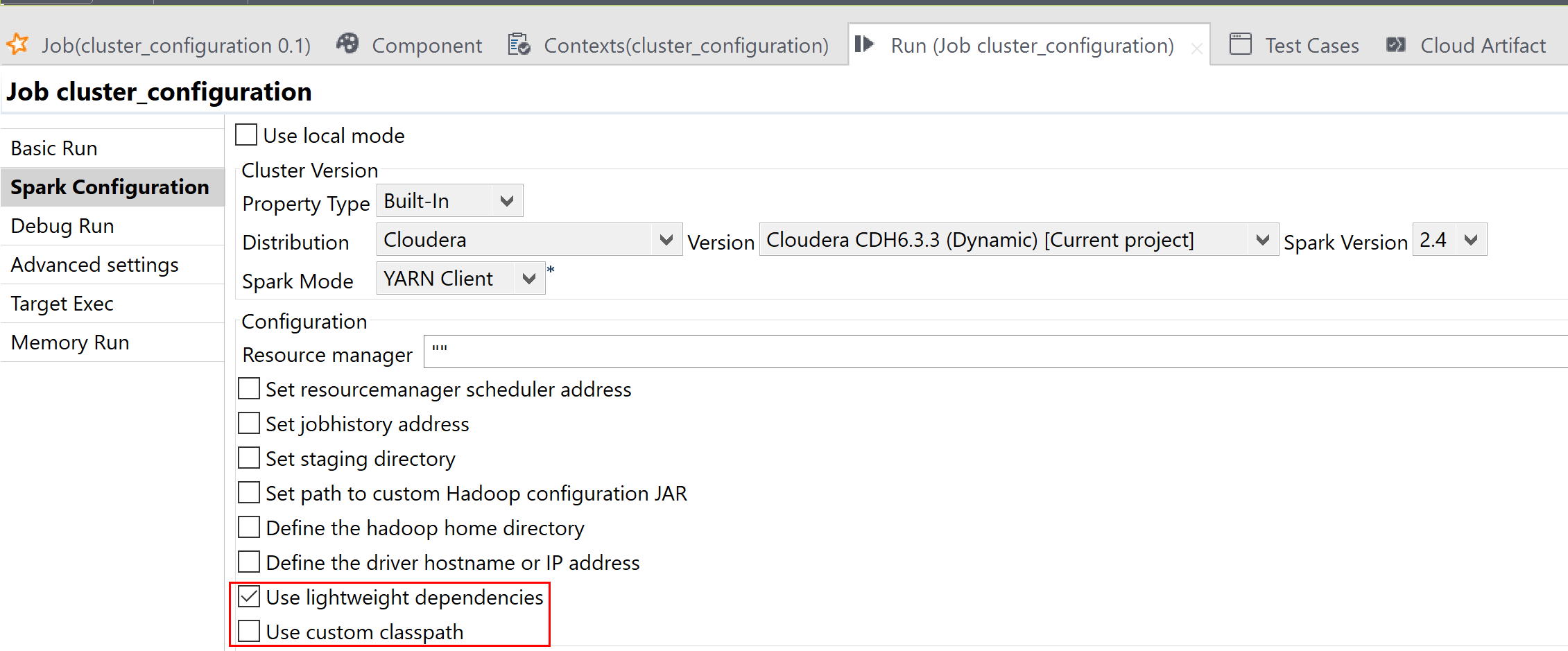 Vue Spark Configuration (Configuration de Spark) ouverte avec l'option "Use lightweight dependencies (Utiliser les dépendances légères)".