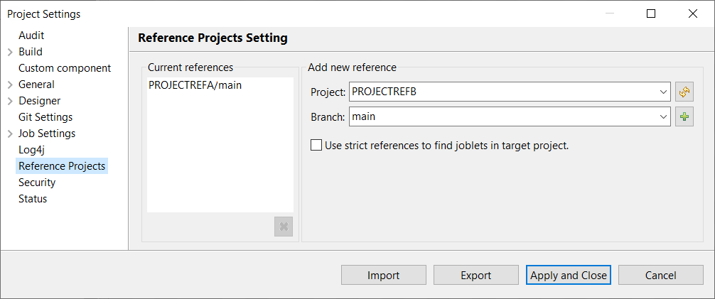 Vue Reference Projects Setting (Paramètres des projets de référence).