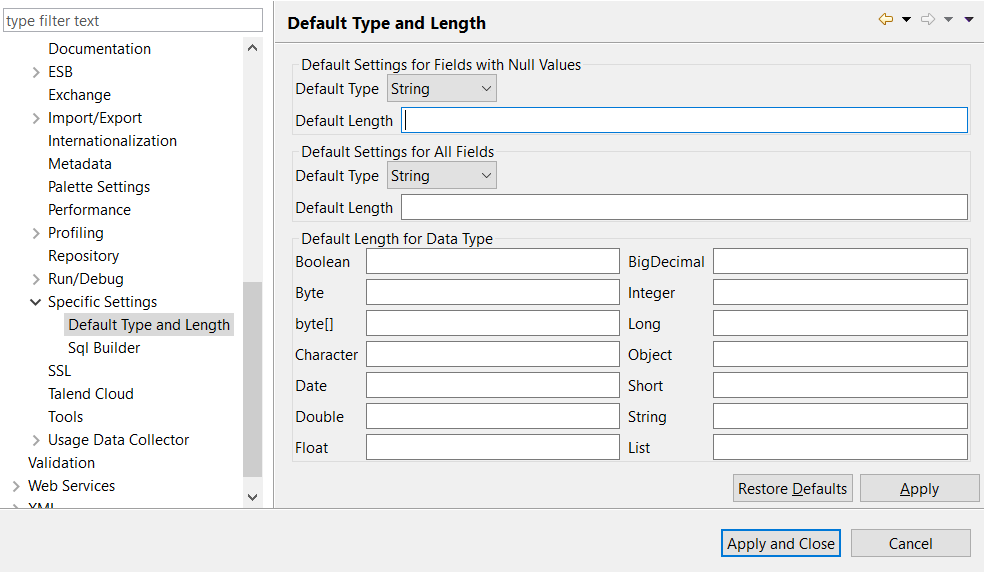 Configuration de Default Type and Length (Taille et longueur par défaut) dans la fenêtre des Preferences (Préférences).