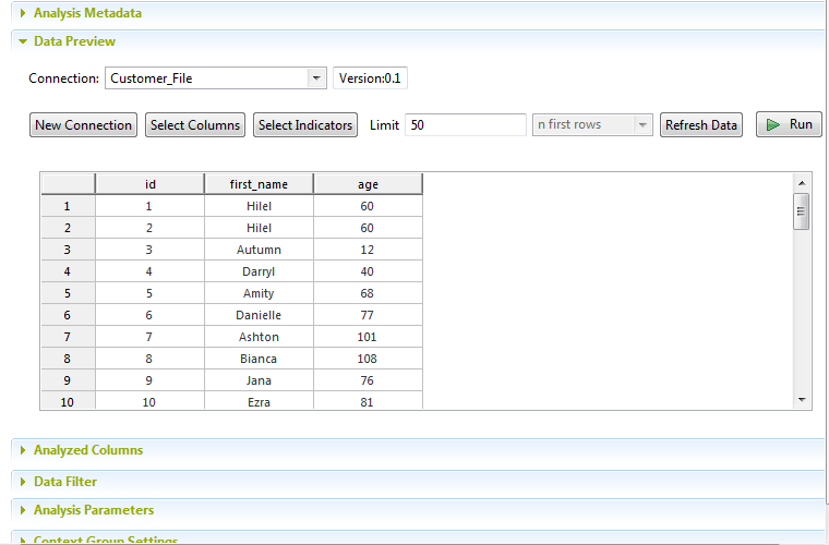 Vue d'ensemble de la section Data Preview (Aperçu des données).