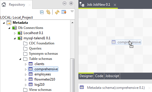 Capture d'écran présentant comment déposer un schéma de table depuis Metadata (Métadonnées) dans l'espace de modélisation graphique.