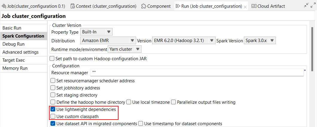 Vue Spark Configuration (Configuration de Spark) ouverte avec l'option "Use lightweight dependencies (Utiliser les dépendances légères)".