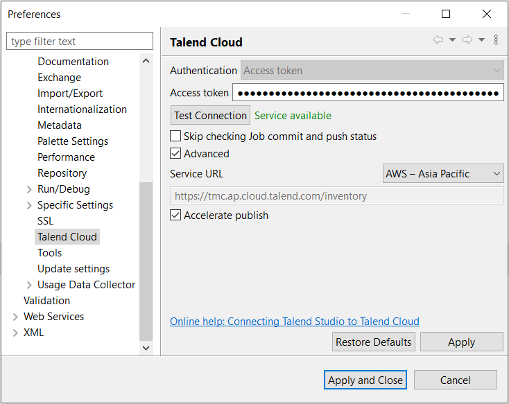 Fenêtre des Préférences avec l'onglet Talend Cloud ouvert.