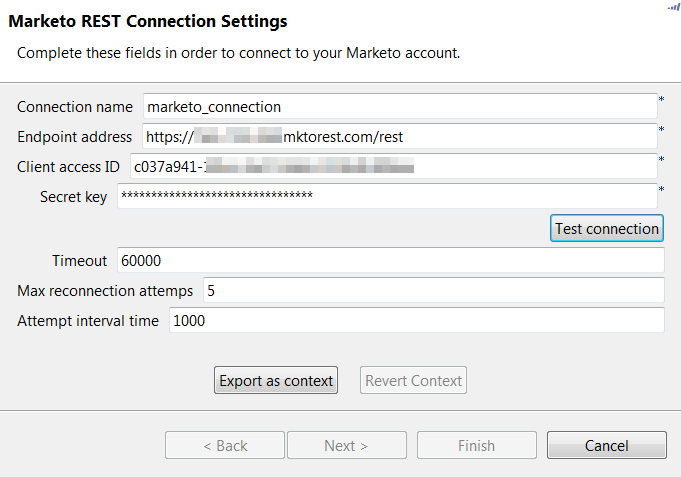 Boîte de dialogue Marketo REST Connection Settings (Paramètres de la connexion Marketo REST).