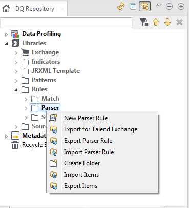 Menu contextuel du dossier Parser (Parseur).