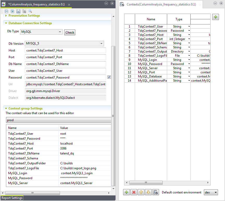 Vue d'ensemble de l'onglet Report Settings (Paramètres du rapport) et de la vue Context (Contexte).