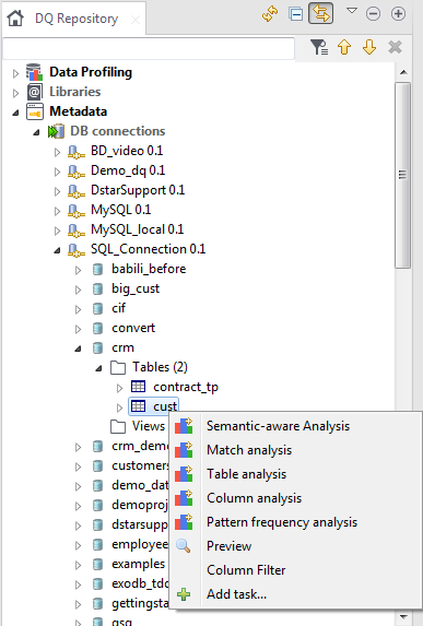 Menu contextuel d'un tableau dans le nœud Metadata (Métadonnées).