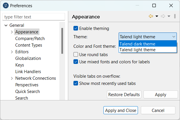 Configuration de l'apparence (Appearance) dans la fenêtre Preferences (Préférences).