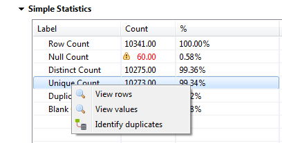 Menu contextuel des données analysées dans la section Simple Statistics (Statistiques simples).