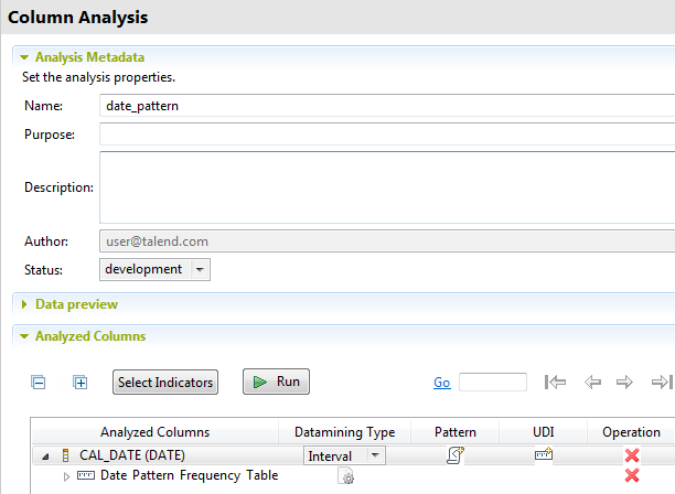 Vue d'ensemble des sections Analysis Metadata (Métadonnées d'analyse) et Analyzed Columns (Colonnes analysées).