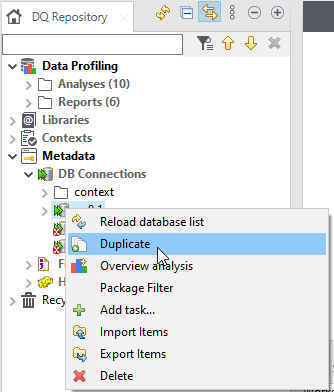 Menu contextuel d'une connexion à une base de données dans la perspective Profiling.