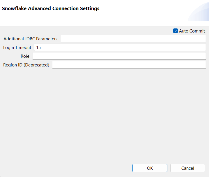 Boîte de dialogue Snowflake Advanced Connection Settings (Paramètres avancés de la connexion à Snowflake).