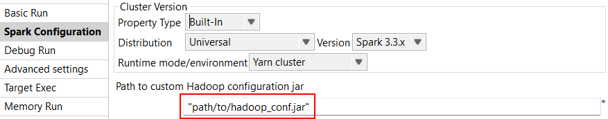 Vue Spark Configuration (Configuration de Spark) ouverte avec le chemin d'accès au fichier JAR de configuration personnalisée d'Hadoop sélectionné.